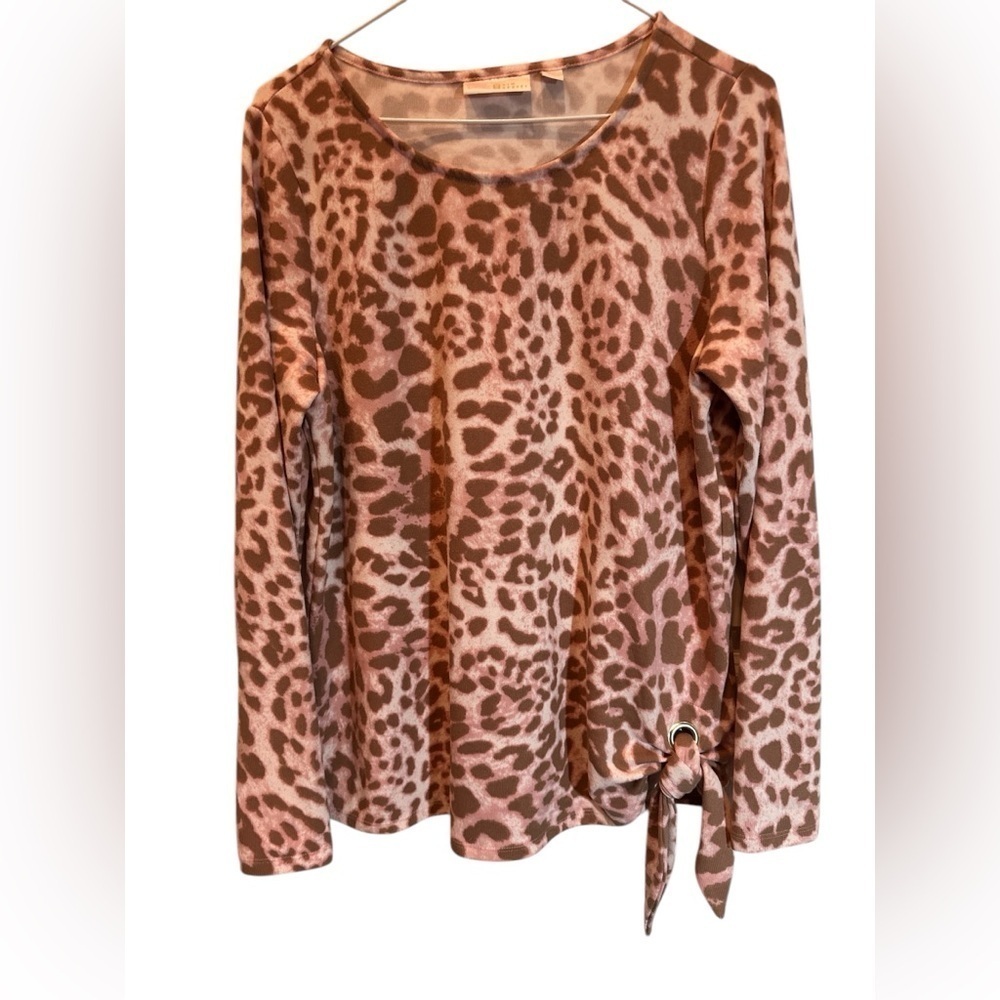 Belle By Kim Gravel Womens Sweater Pink Sm
 Leopard Print Brushed Knit Side Tie